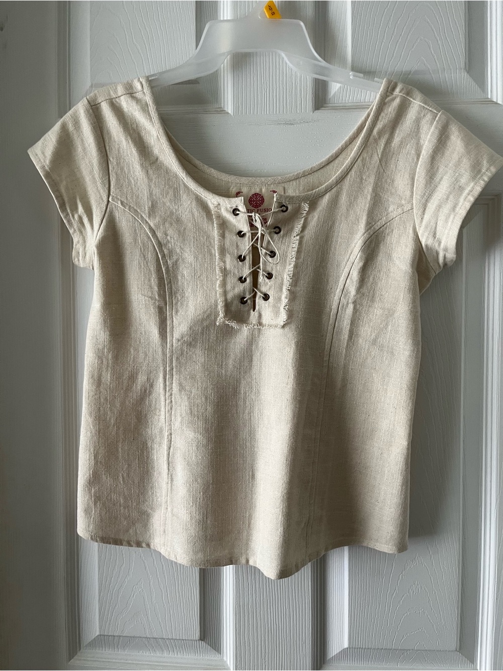 Women's Lace-Up Short Sleeve Top in Cream